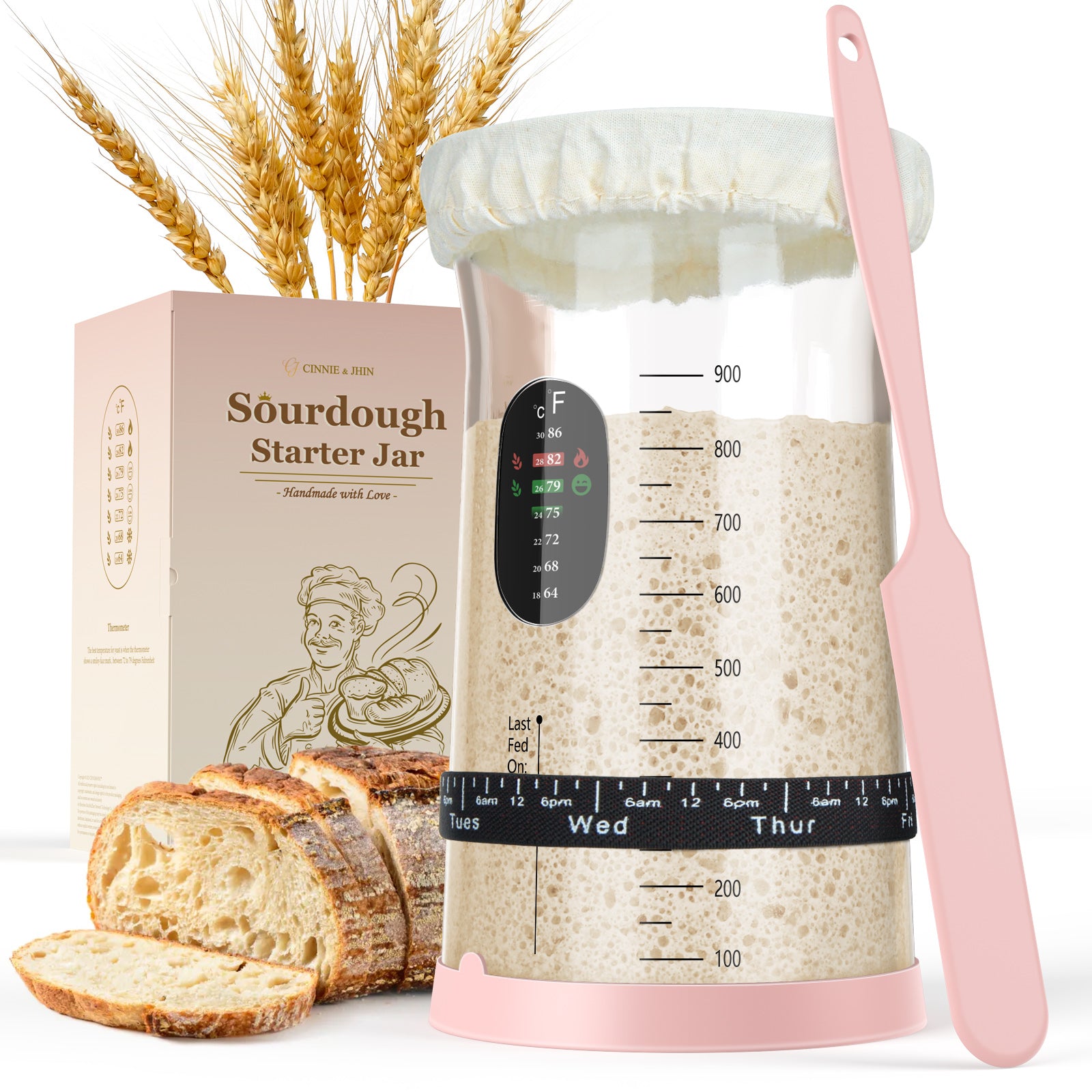 CINNIE&JHIN 34oz Premium Sourdough Starter Jar with Pink Silicone Lid & Spatula – Large Glass Fermenters Jar with Feeding Tracker – Stylish Kitchen Essentials for Home Bakers & Gift Idea for Women