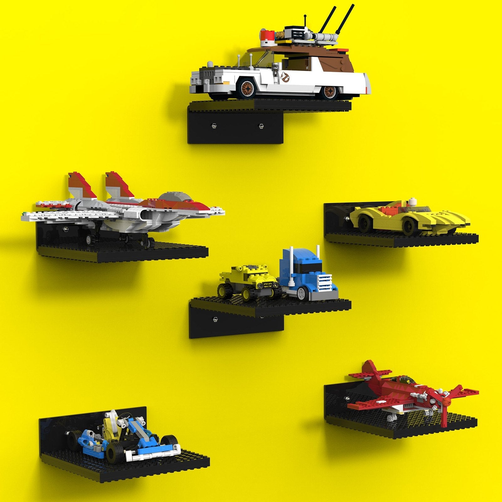CINNIE&JHIN Display Shelves Compatible with Lego Building Bricks, 5x5 Inch Acrylic Wall-Mounted Floating Shelves for Creative Builds, Compatible with Other Toy Brick Brands, 6-Pack Black
