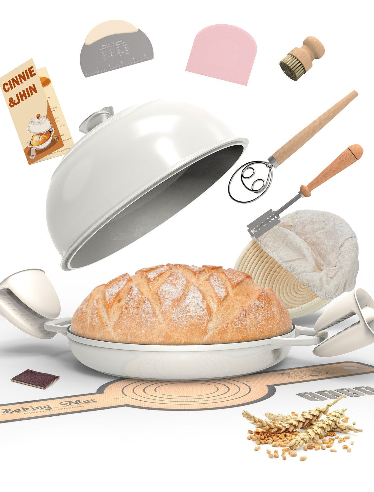 9-Pieces Artisan Sourdough Baking Kit – 5QT Enameled Cast Iron Dutch Oven with Lid, Banneton Basket, Silicone Sling, Scoring Lame, Dough Tools & Recipe | Bread Pans for Homemade Bread