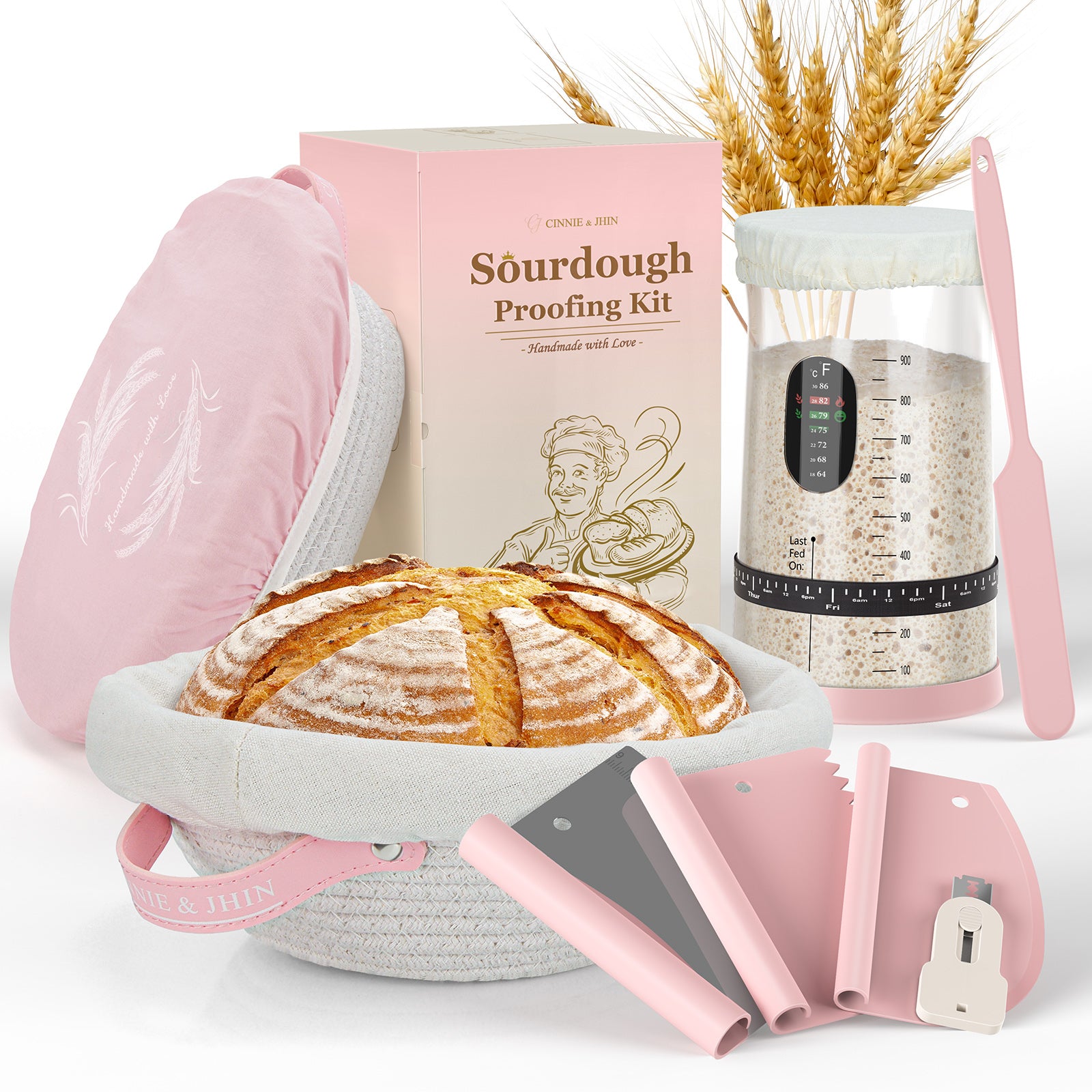 Pink Sourdough Starter Kit 8-Pcs Set , 9" Round & 10" Oval Rope Banneton Proofing Basket with Liner, 32oz Sourdough Starter Jar with Lid, 3-in-1 Scraper & Bread Lame, Gift for Women