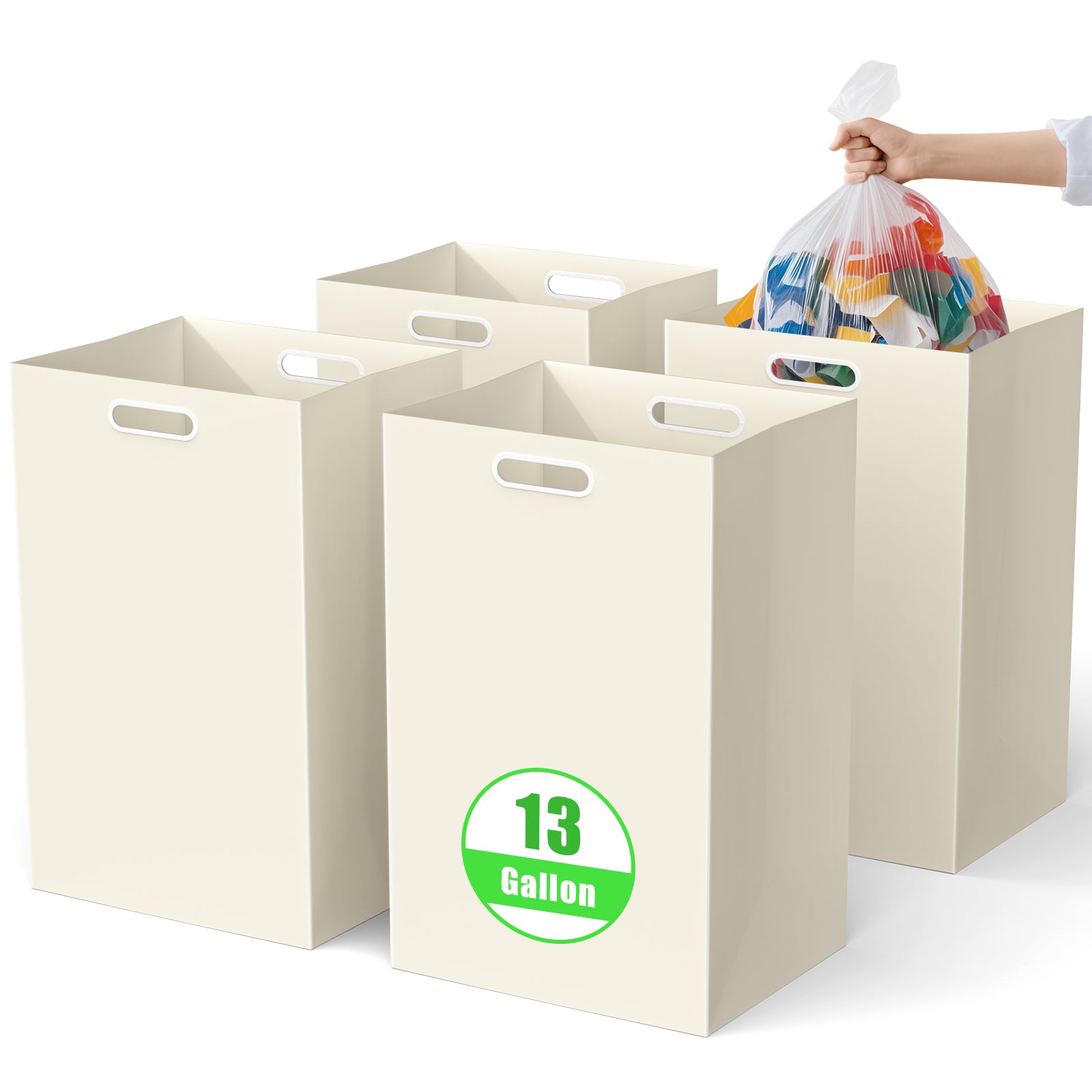 13 Gallon Disposable Trash Cans with Built-in Handles, 4 Pack Extra Large Portable Trash Can, Waterproof Layer Reusable Garbage Cans, Extra-Thick Cardboard Recycling Bins, Perfect for Parties, White