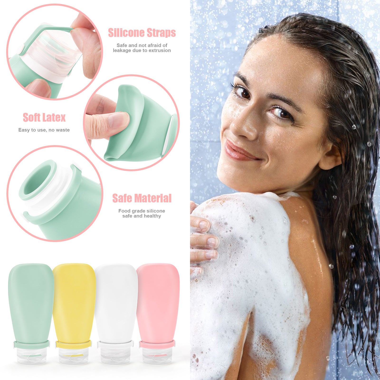 White Wash Bag With Travel Bottles for Toiletries Gym TSA Approved, Leak Proof with Bandage Silicone Squeezable 3oz for Toner Shampoo Conditioner Lotion Body Wash with Funnel Toothbrush cover and Tag
