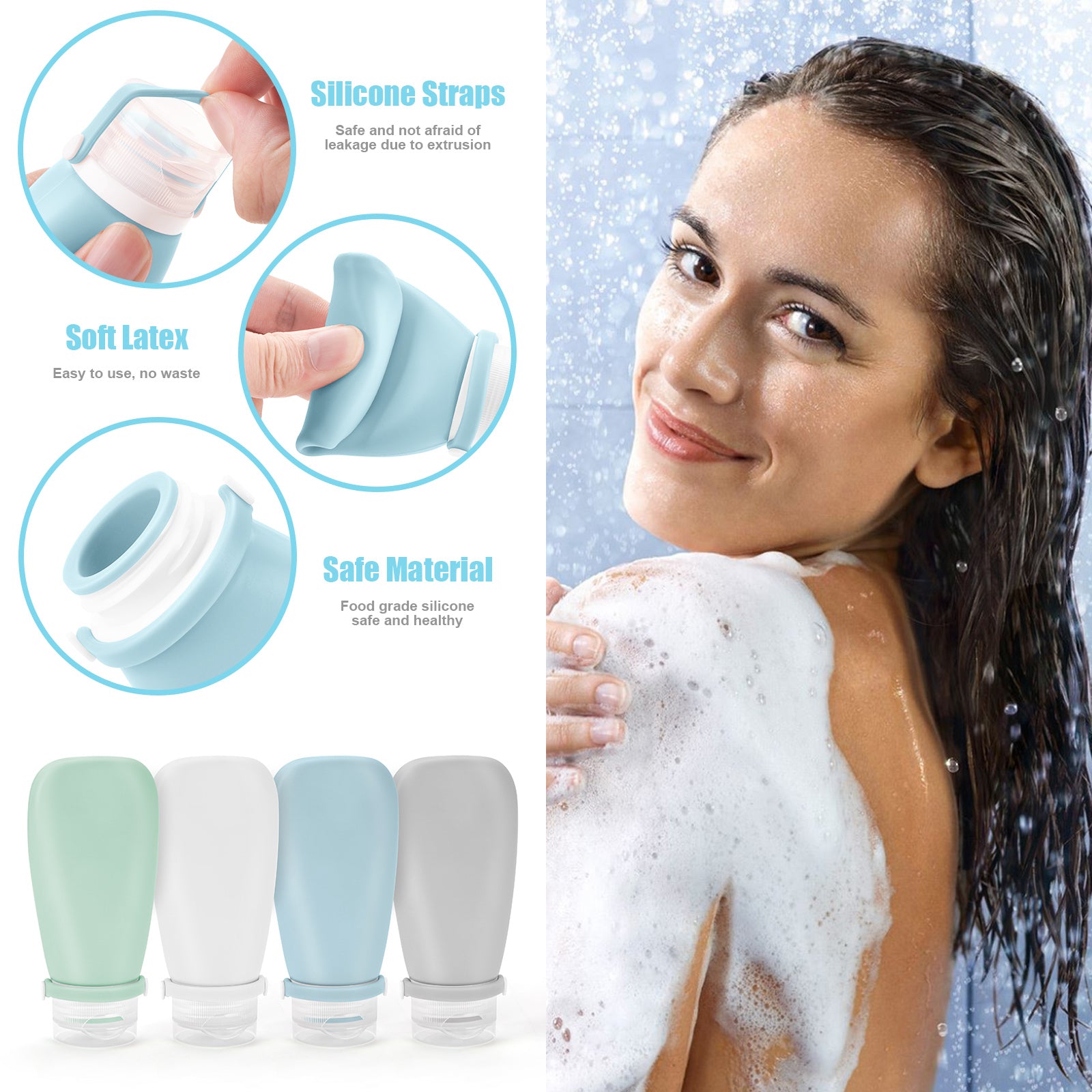 Noideeer 18 Pcs Travel Bottles Set for Toiletries, TSA Approved Travel Size Containers with Bandage Silicone Squeezable for Shampoo Conditioner Lotion Body Wash Blue Bag