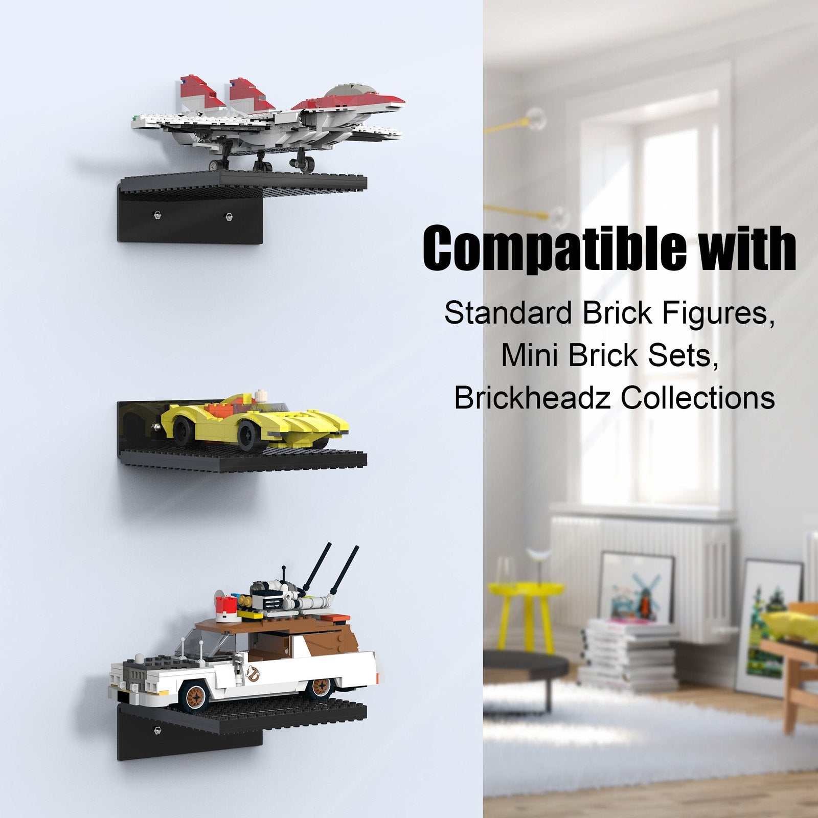 CINNIE&JHIN Display Shelves Compatible with Lego Building Bricks, 5x5 Inch Acrylic Wall-Mounted Floating Shelves for Creative Builds, Compatible with Other Toy Brick Brands, 6-Pack Black