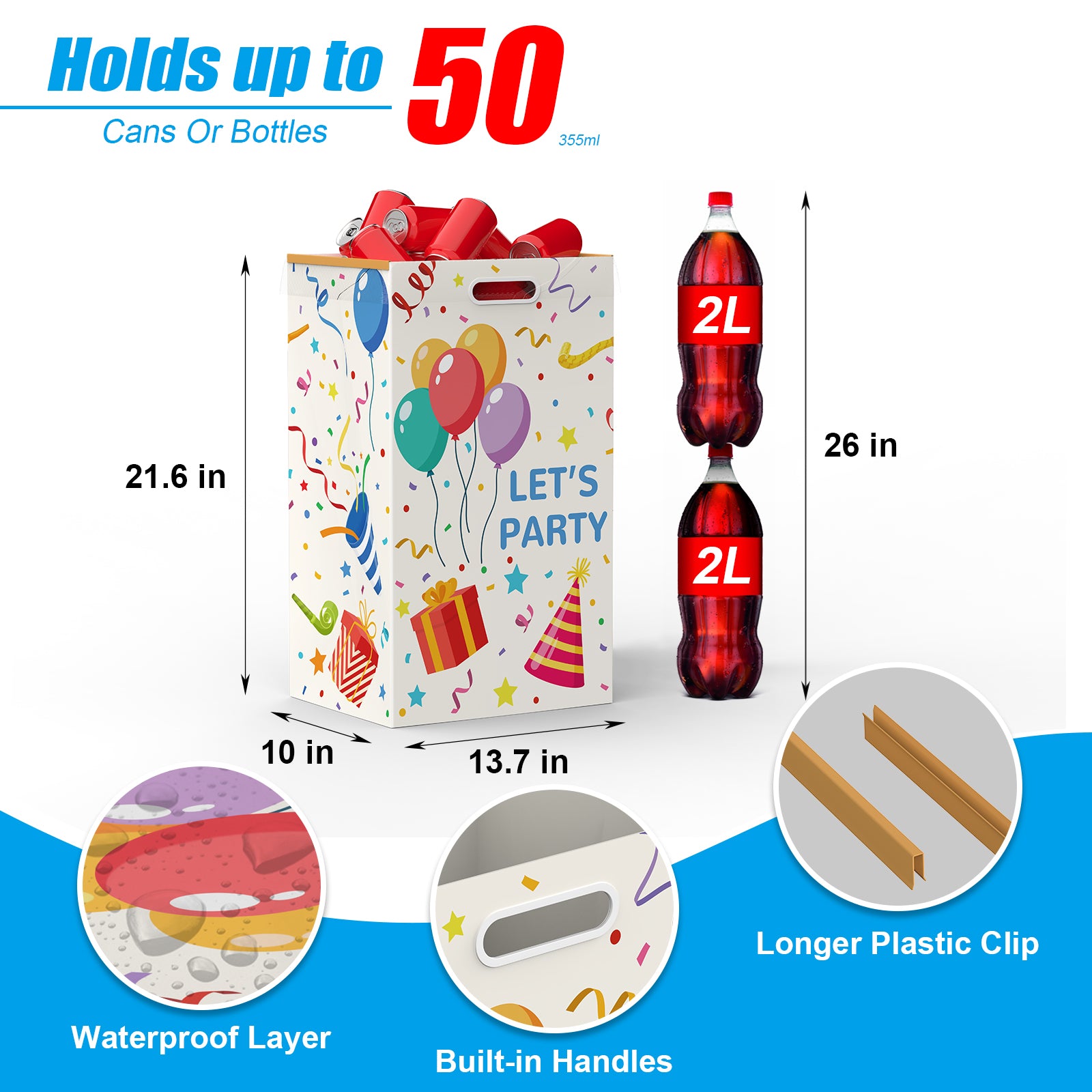 13 Gallon Disposable Trash Cans with Built-in Handles, 4 Pack Extra Large Portable Trash Can, Waterproof Layer Reusable Garbage Cans, Extra-Thick Cardboard Recycling Bins, Perfect for Parties,Colorful