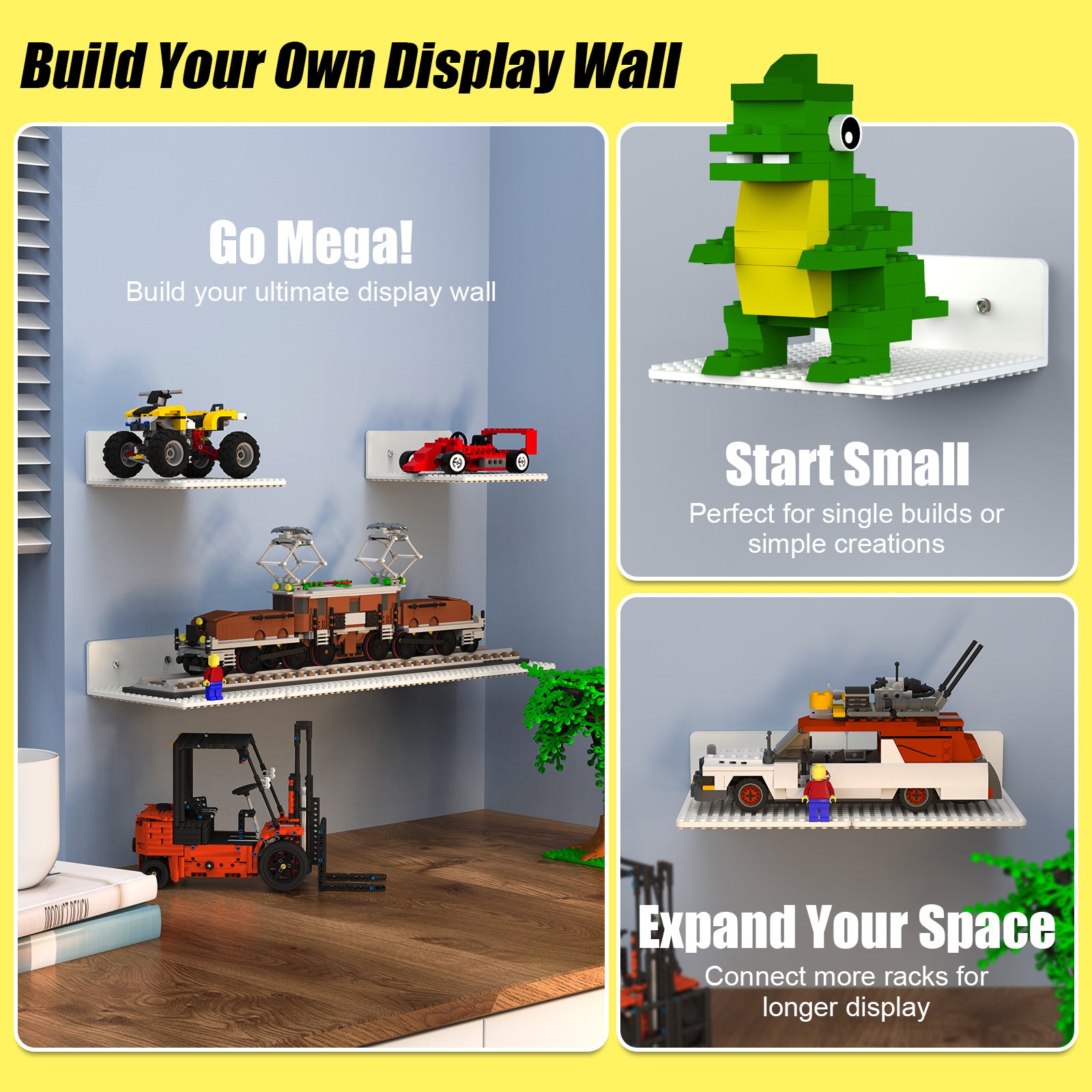 Display Shelves Compatible with LEGO Building Bricks – 5x5.3 Inch Wall-Mounted ABS Baseplates with 16x17 Studs for Toy Brick Storage and Display, also fits Other Building Bricks