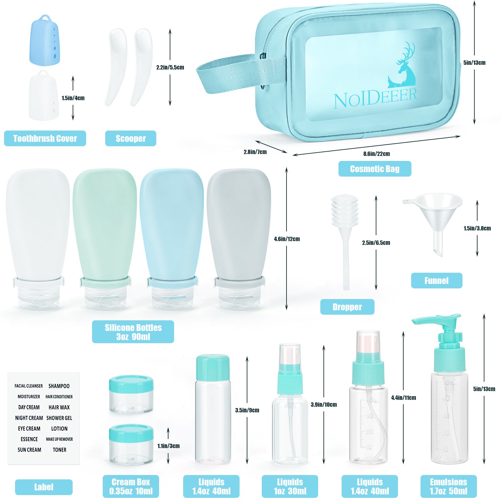 Noideeer 18 Pcs Travel Bottles Set for Toiletries, TSA Approved Travel Size Containers with Bandage Silicone Squeezable for Shampoo Conditioner Lotion Body Wash Blue Bag