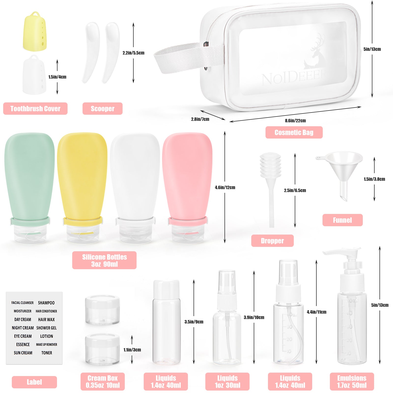 White Wash Bag With Travel Bottles for Toiletries Gym TSA Approved, Leak Proof with Bandage Silicone Squeezable 3oz for Toner Shampoo Conditioner Lotion Body Wash with Funnel Toothbrush cover and Tag