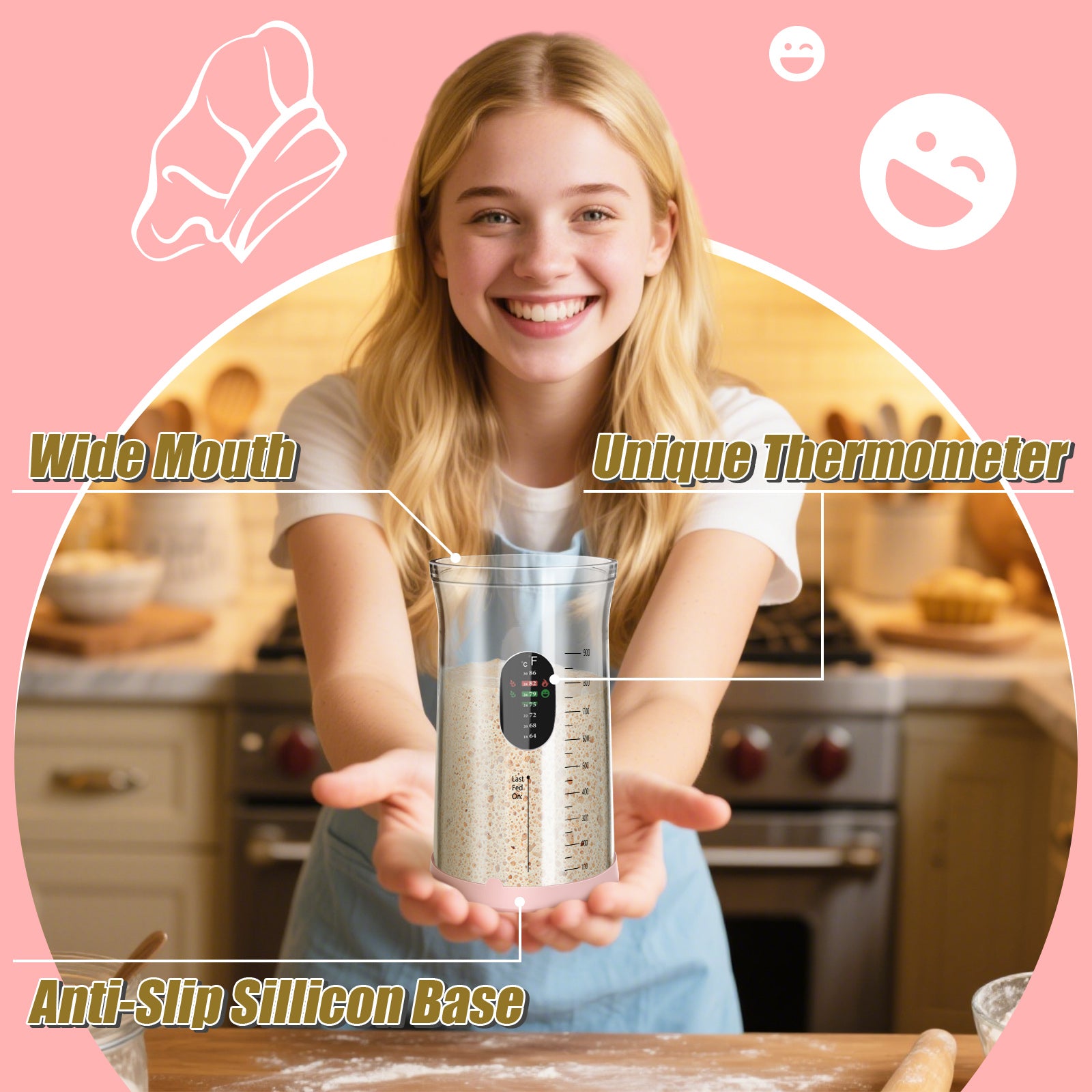 CINNIE&JHIN 34oz Premium Sourdough Starter Jar with Pink Silicone Lid & Spatula – Large Glass Fermenters Jar with Feeding Tracker – Stylish Kitchen Essentials for Home Bakers & Gift Idea for Women