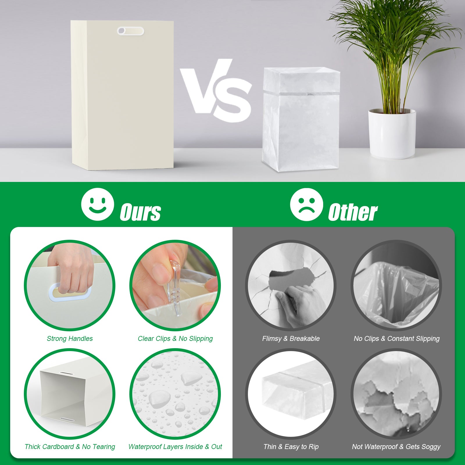 13 Gallon Disposable Trash Cans with Built-in Handles, 4 Pack Extra Large Portable Trash Can, Waterproof Layer Reusable Garbage Cans, Extra-Thick Cardboard Recycling Bins, Perfect for Parties, White