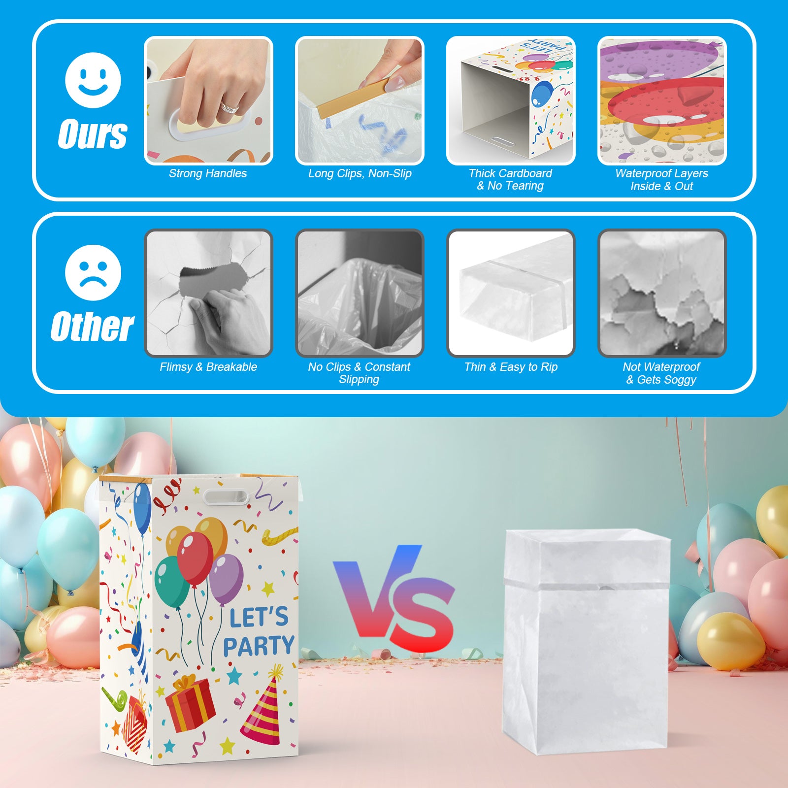 13 Gallon Disposable Trash Cans with Built-in Handles, 4 Pack Extra Large Portable Trash Can, Waterproof Layer Reusable Garbage Cans, Extra-Thick Cardboard Recycling Bins, Perfect for Parties,Colorful