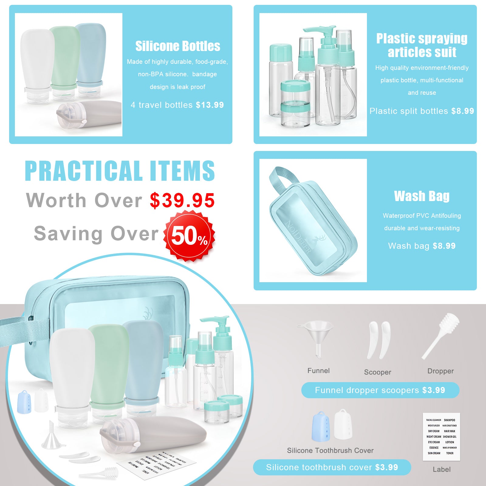 Noideeer 18 Pcs Travel Bottles Set for Toiletries, TSA Approved Travel Size Containers with Bandage Silicone Squeezable for Shampoo Conditioner Lotion Body Wash Blue Bag