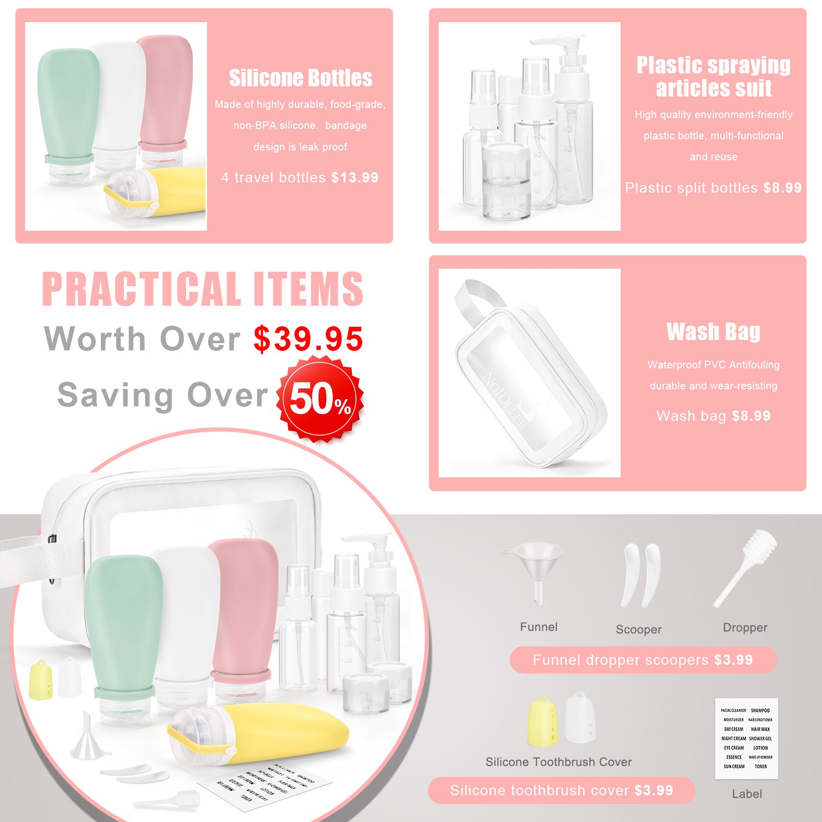 White Wash Bag With Travel Bottles for Toiletries Gym TSA Approved, Leak Proof with Bandage Silicone Squeezable 3oz for Toner Shampoo Conditioner Lotion Body Wash with Funnel Toothbrush cover and Tag