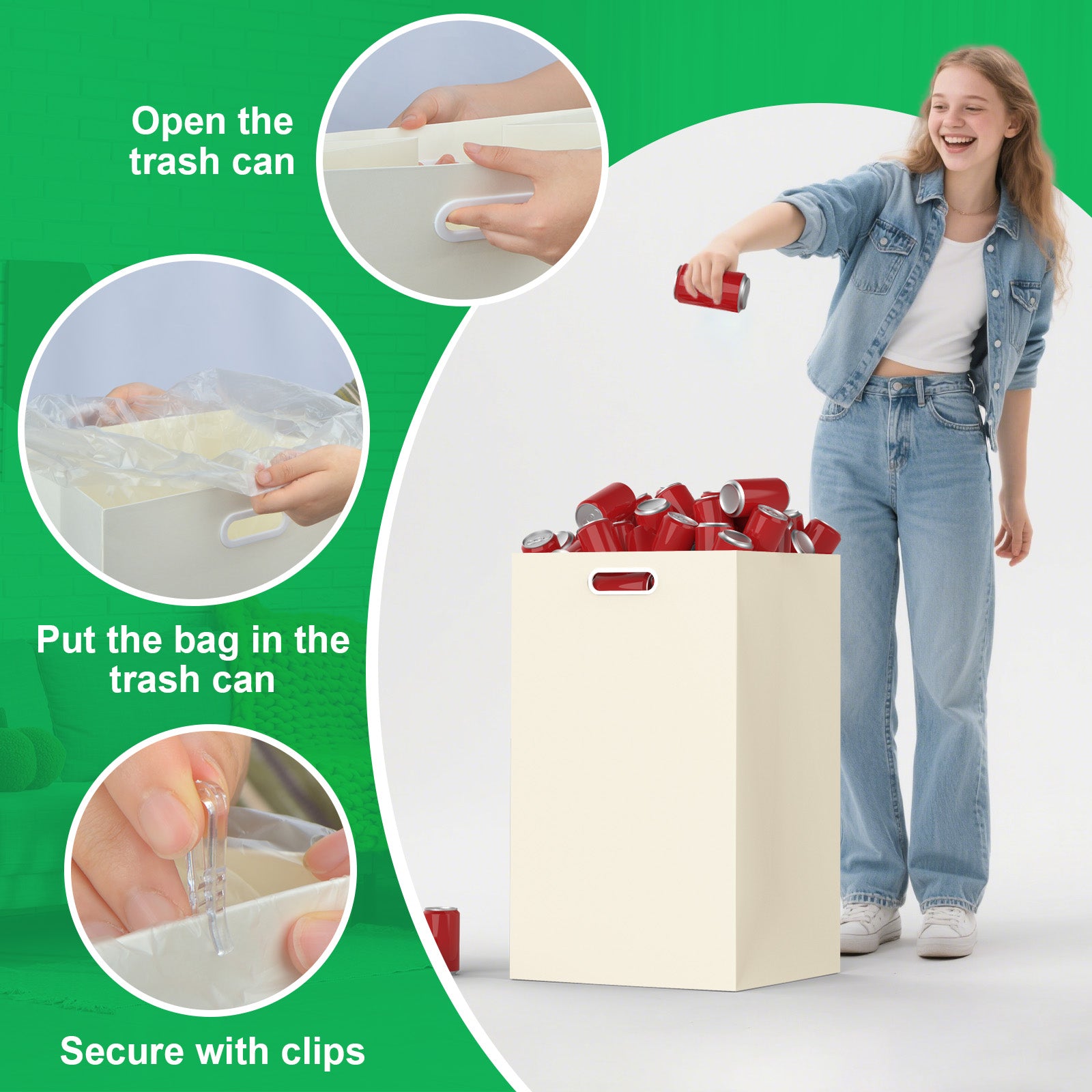 13 Gallon Disposable Trash Cans with Built-in Handles, 4 Pack Extra Large Portable Trash Can, Waterproof Layer Reusable Garbage Cans, Extra-Thick Cardboard Recycling Bins, Perfect for Parties, White