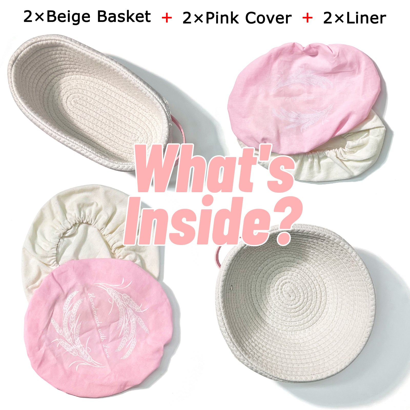 Cotton Rope Banneton Bread Proofing Basket Set, Oval & Round Baskets with Cloth Liners & Pink Covers - Artisan Sourdough Baking Supplies, Decorative Baking Tools for Kitchen & Gift Giving