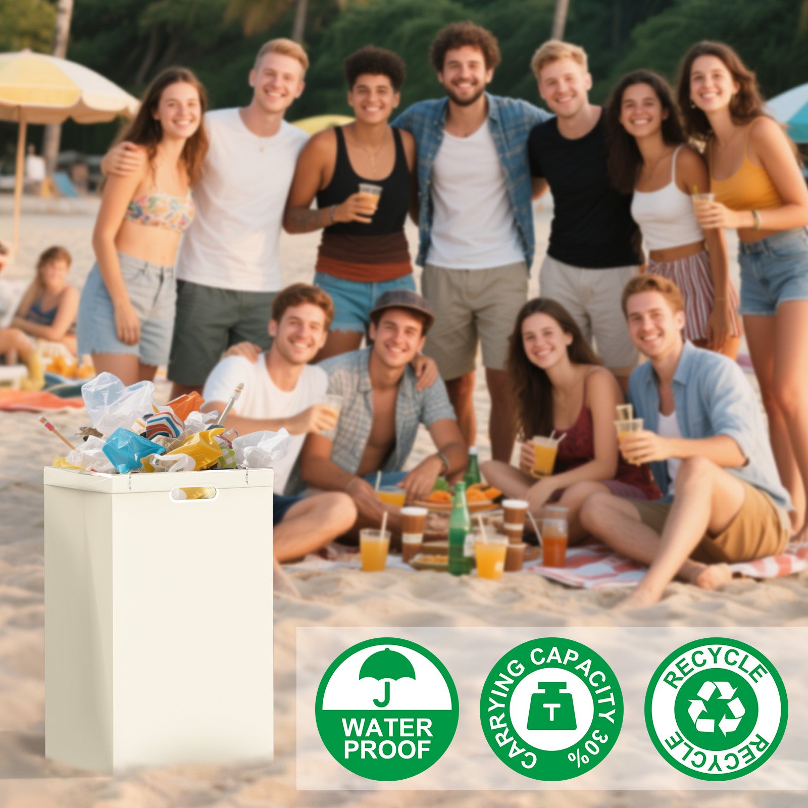 13 Gallon Disposable Trash Cans with Built-in Handles, 4 Pack Extra Large Portable Trash Can, Waterproof Layer Reusable Garbage Cans, Extra-Thick Cardboard Recycling Bins, Perfect for Parties, White