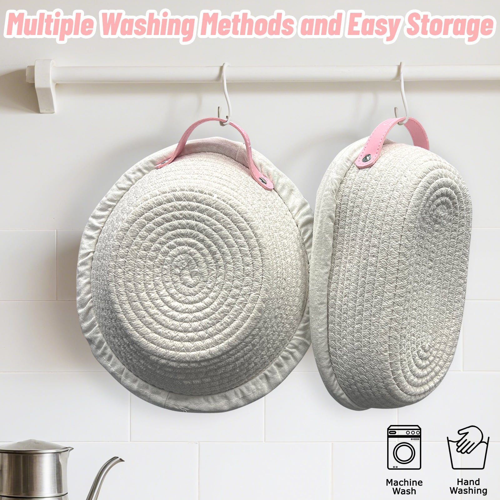 Cotton Rope Banneton Bread Proofing Basket Set, Oval & Round Baskets with Cloth Liners & Pink Covers - Artisan Sourdough Baking Supplies, Decorative Baking Tools for Kitchen & Gift Giving