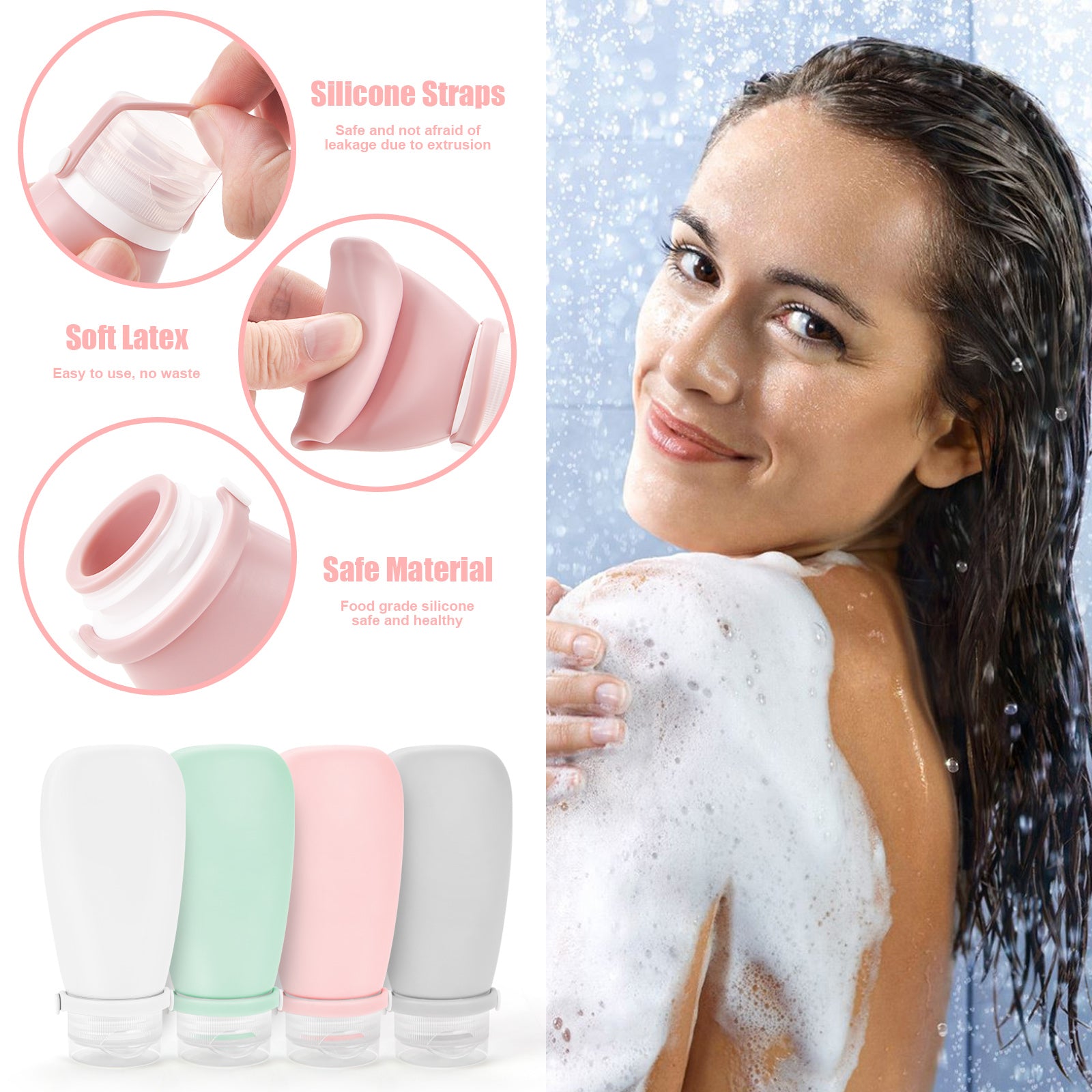 Pink Wash Bag With Travel Bottles for Toiletries Gym TSA Approved, Leak Proof with Bandage Silicone Squeezable 3oz for Toner Shampoo Conditioner Lotion Body Wash with Funnel Toothbrush cover and Tag