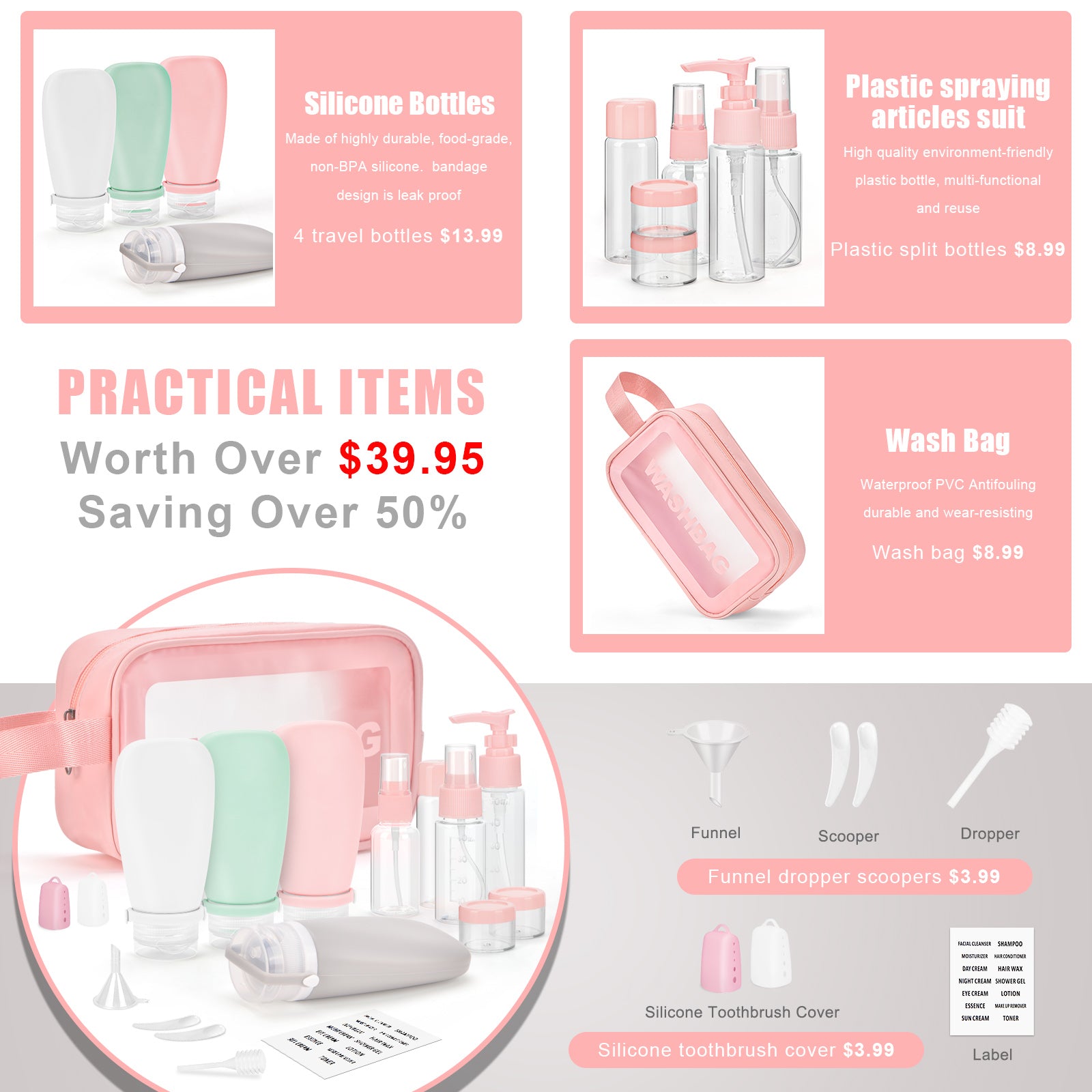 Pink Wash Bag With Travel Bottles for Toiletries Gym TSA Approved, Leak Proof with Bandage Silicone Squeezable 3oz for Toner Shampoo Conditioner Lotion Body Wash with Funnel Toothbrush cover and Tag