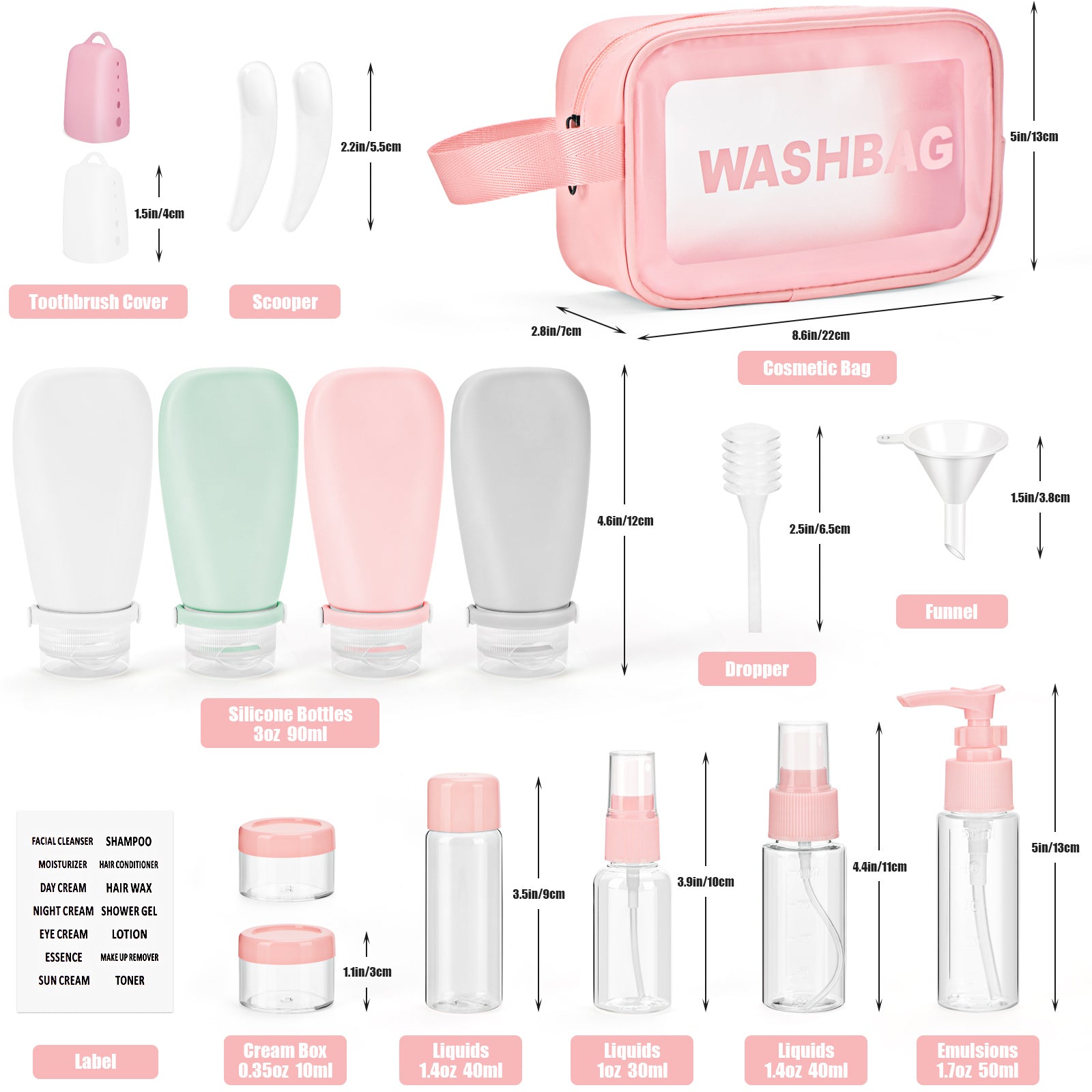 Pink Wash Bag With Travel Bottles for Toiletries Gym TSA Approved, Leak Proof with Bandage Silicone Squeezable 3oz for Toner Shampoo Conditioner Lotion Body Wash with Funnel Toothbrush cover and Tag