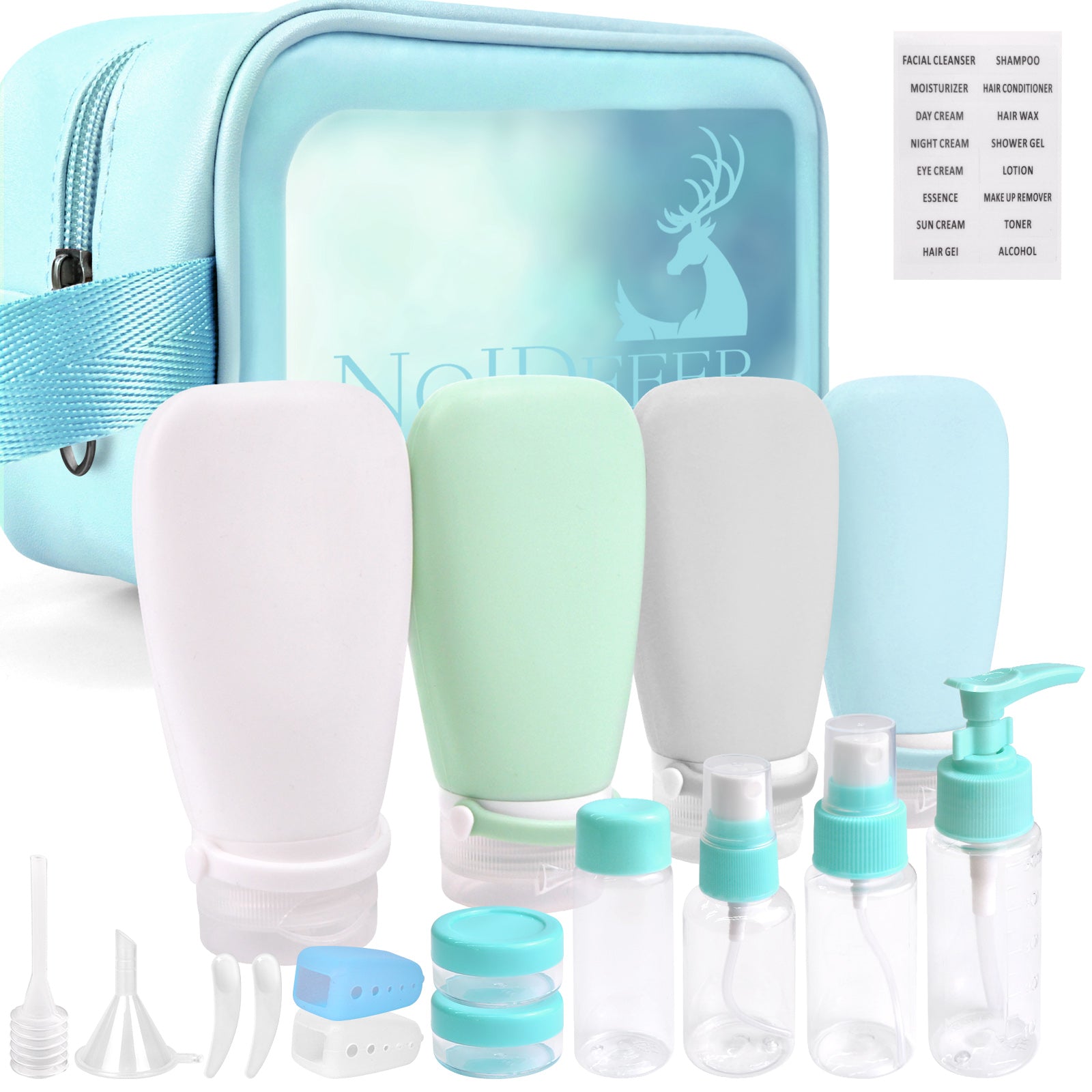 Noideeer 18 Pcs Travel Bottles Set for Toiletries, TSA Approved Travel Size Containers with Bandage Silicone Squeezable for Shampoo Conditioner Lotion Body Wash Blue Bag