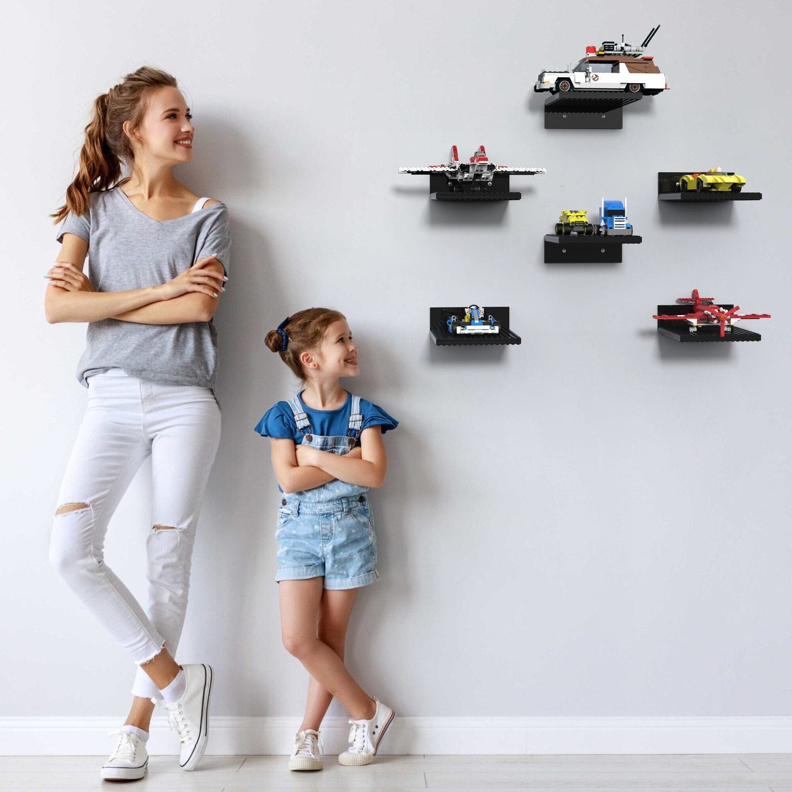 CINNIE&JHIN Display Shelves Compatible with Lego Building Bricks, 5x5 Inch Acrylic Wall-Mounted Floating Shelves for Creative Builds, Compatible with Other Toy Brick Brands, 6-Pack Black