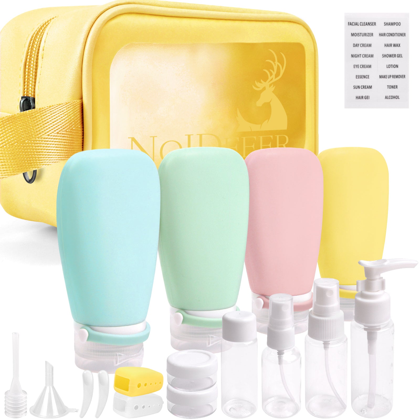 Yellow Wash Bag With Travel Bottles for Toiletries Gym TSA Approved, Leak Proof with Bandage Silicone Squeezable 3oz for Toner Shampoo Conditioner Lotion Body Wash with Funnel Toothbrush cover and Tag