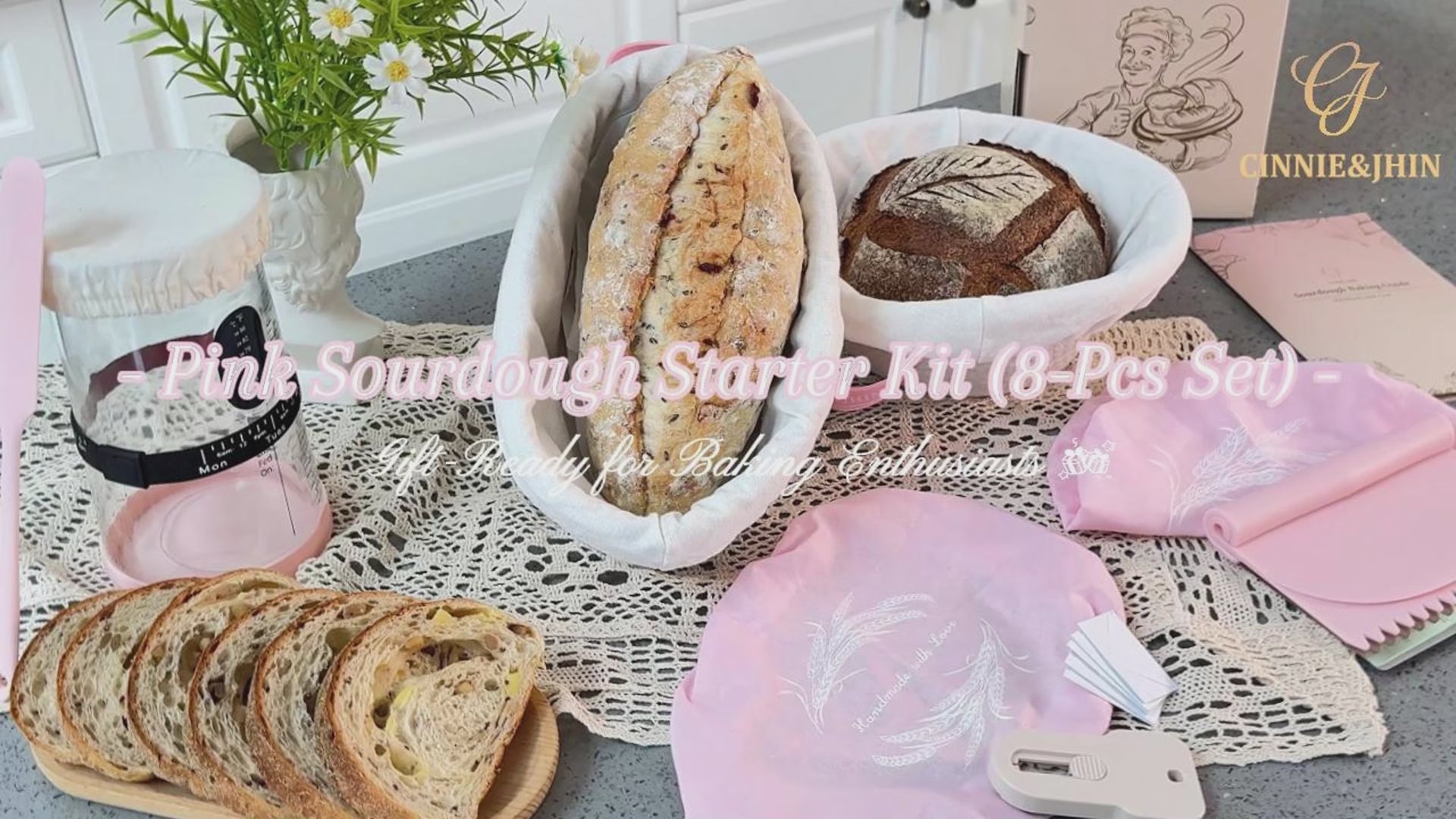 Pink Sourdough Starter Kit (8-Pcs Set), 9" Round & 10" Oval Rope Banneton Proofing Basket with Liner, 32oz Sourdough Starter Jar with Lid, 3-in-1 Scraper & Bread Lame, Gift for Women