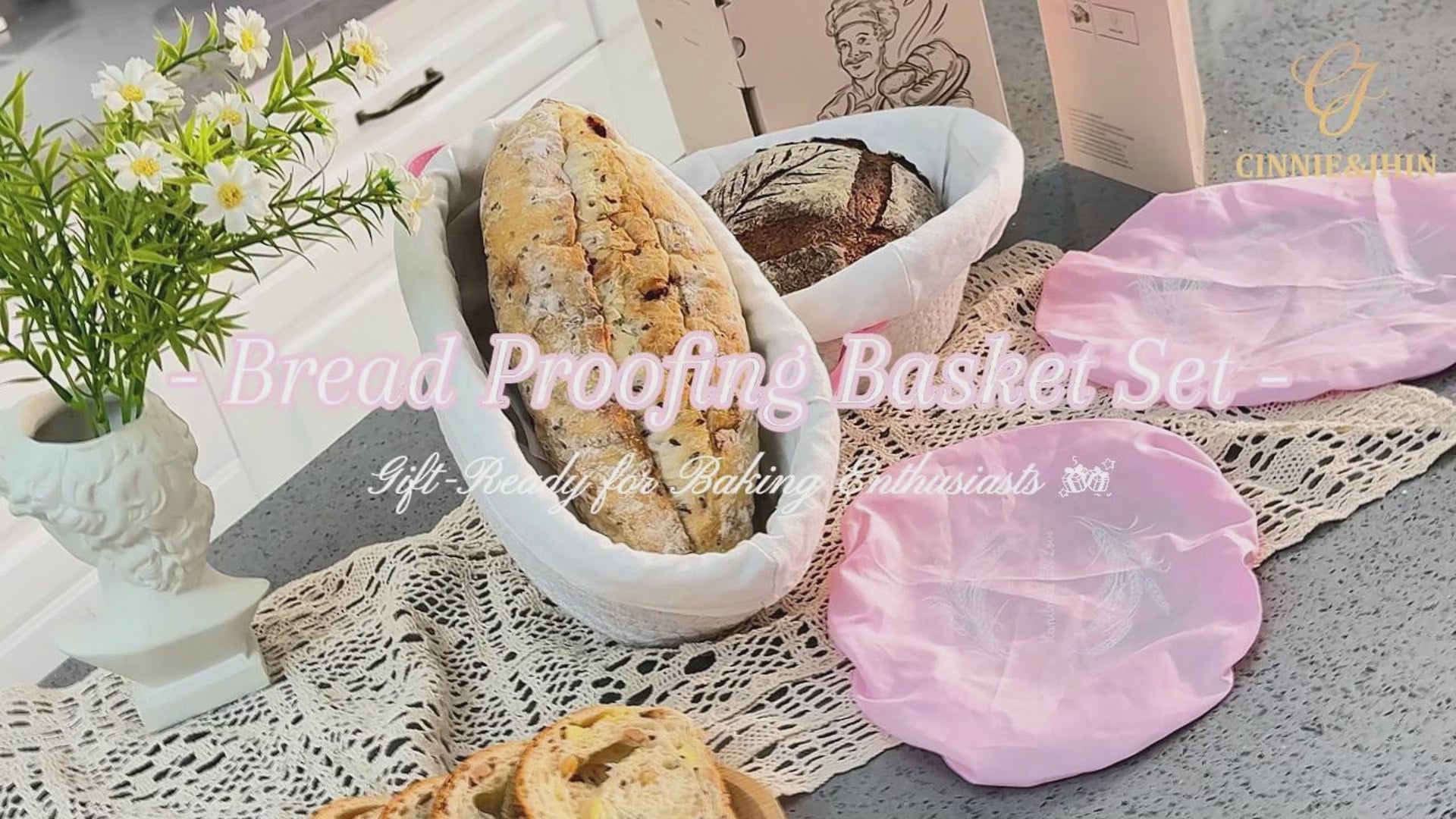 Cotton Rope Banneton Bread Proofing Basket Set, Oval & Round Baskets with Cloth Liners & Pink Covers - Artisan Sourdough Baking Supplies, Decorative Baking Tools for Kitchen & Gift Giving