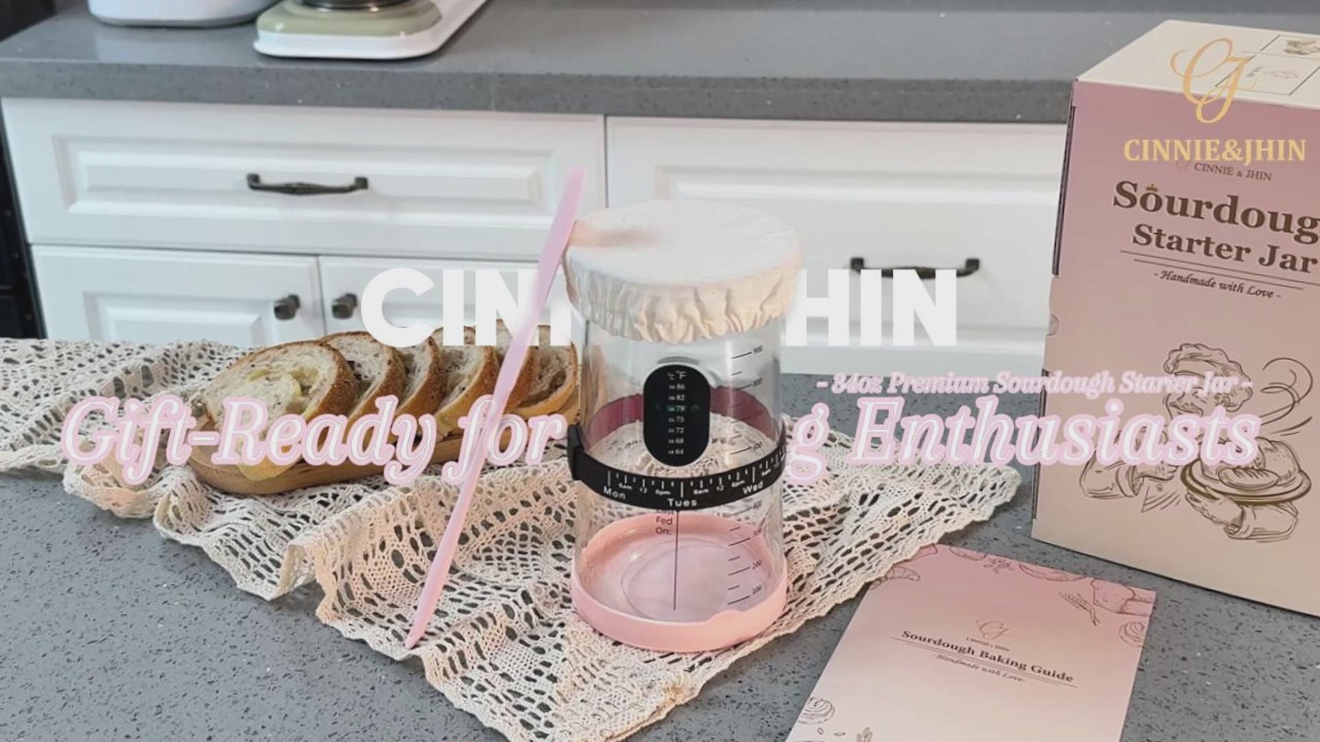 CINNIE&JHIN 34oz Premium Sourdough Starter Jar with Pink Silicone Lid & Spatula – Large Glass Fermenters Jar with Feeding Tracker – Stylish Kitchen Essentials for Home Bakers & Gift Idea for Women