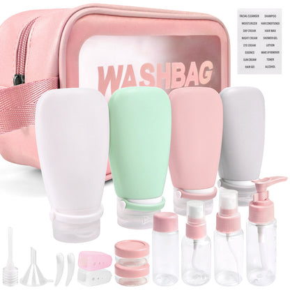 Pink Wash Bag With Travel Bottles for Toiletries Gym TSA Approved, Leak Proof with Bandage Silicone Squeezable 3oz for Toner Shampoo Conditioner Lotion Body Wash with Funnel Toothbrush cover and Tag