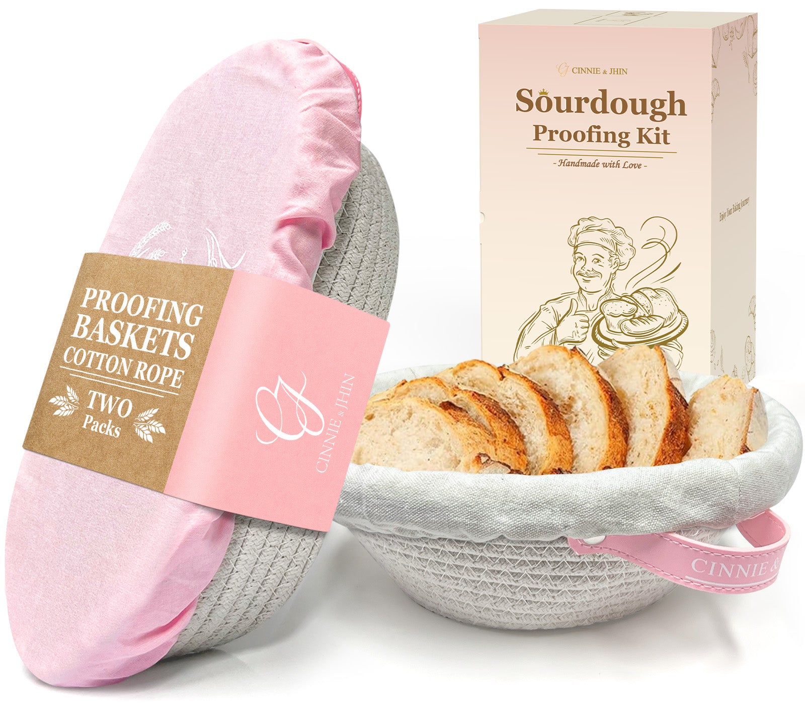 Cotton Rope Banneton Bread Proofing Basket Set, Oval & Round Baskets with Cloth Liners & Pink Covers - Artisan Sourdough Baking Supplies, Decorative Baking Tools for Kitchen & Gift Giving