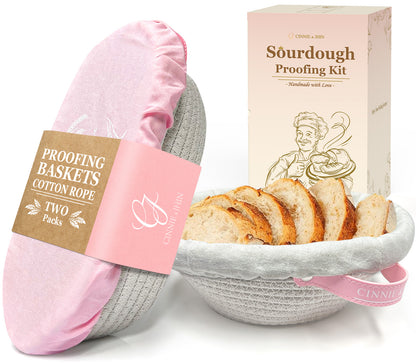 Cotton Rope Banneton Bread Proofing Basket Set, Oval & Round Baskets with Cloth Liners & Pink Covers - Artisan Sourdough Baking Supplies, Decorative Baking Tools for Kitchen & Gift Giving