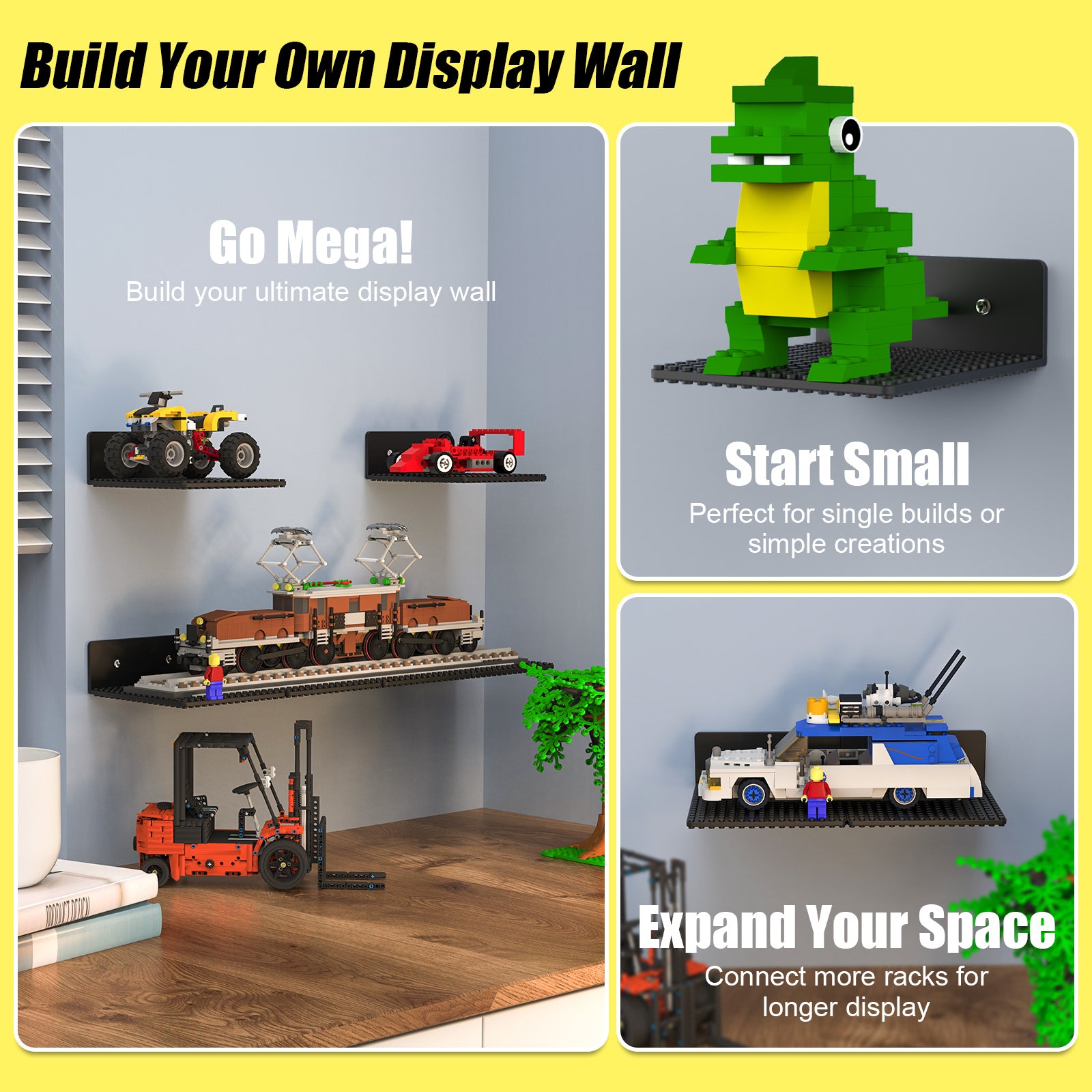 Display Shelves Compatible with LEGO Building Bricks – 5x5.3 Inch Wall-Mounted ABS Baseplates with 16x17 Studs for Toy Brick Storage and Display, also fits Other Building Bricks