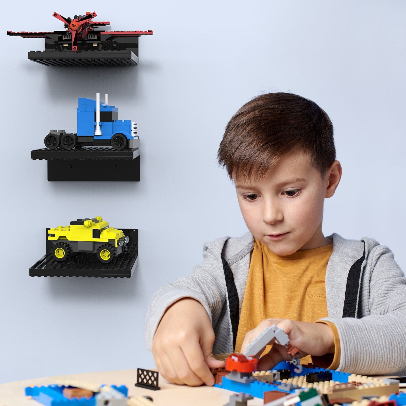 3-Pack Display Shelves for Building Bricks, 5x5 Inch Acrylic Wall-Mounted Floating Shelves for Creative Builds, Compatible with All Toy Brick Brands