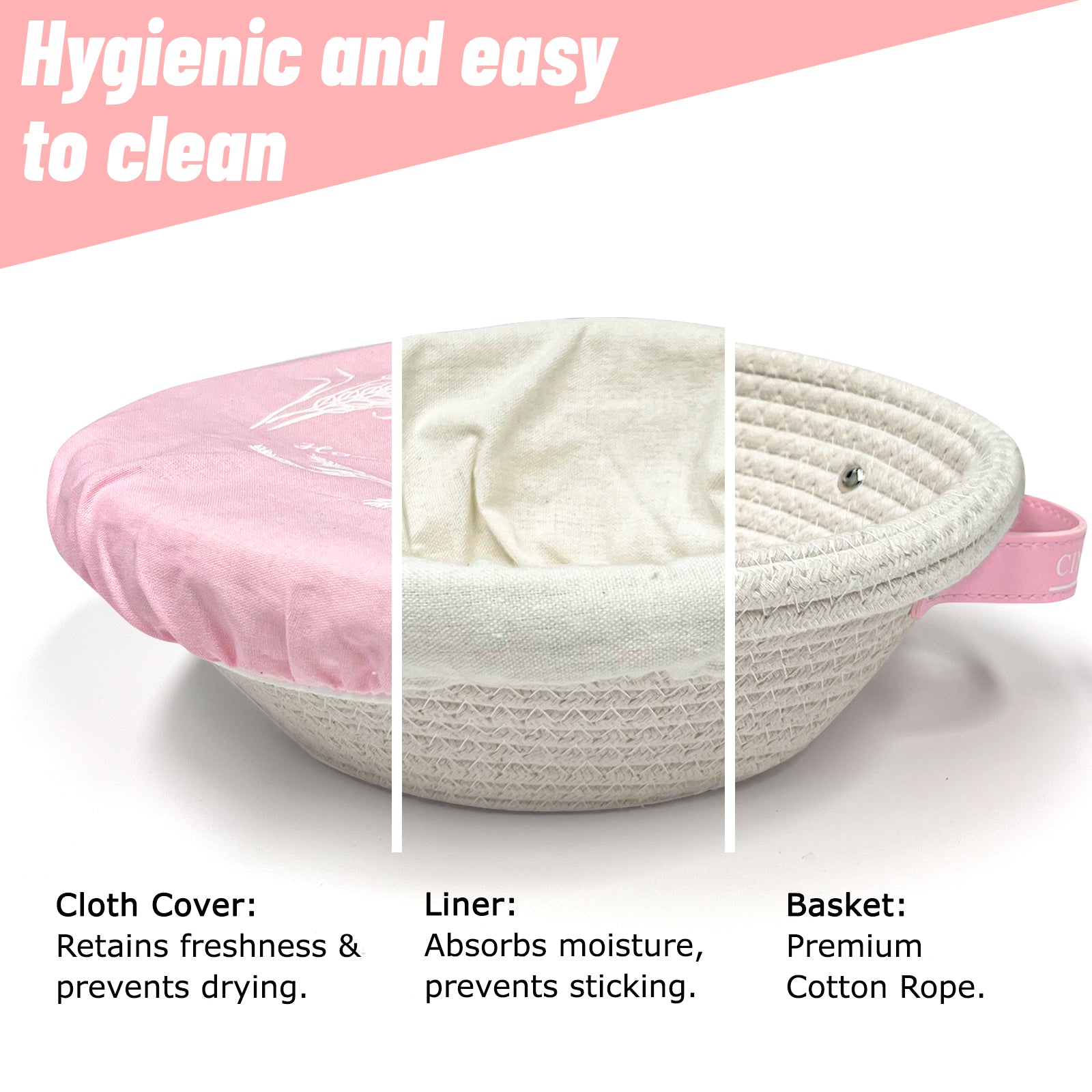 Cotton Rope Banneton Bread Proofing Basket Set, Oval & Round Baskets with Cloth Liners & Pink Covers - Artisan Sourdough Baking Supplies, Decorative Baking Tools for Kitchen & Gift Giving