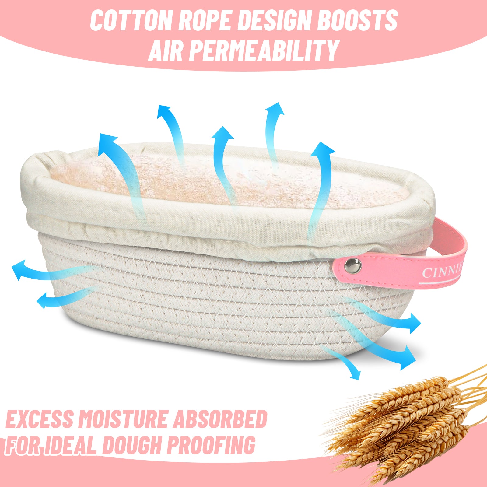 Cotton Rope Banneton Bread Proofing Basket Set, Oval & Round Baskets with Cloth Liners & Pink Covers - Artisan Sourdough Baking Supplies, Decorative Baking Tools for Kitchen & Gift Giving