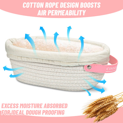 Cotton Rope Banneton Bread Proofing Basket Set, Oval & Round Baskets with Cloth Liners & Pink Covers - Artisan Sourdough Baking Supplies, Decorative Baking Tools for Kitchen & Gift Giving