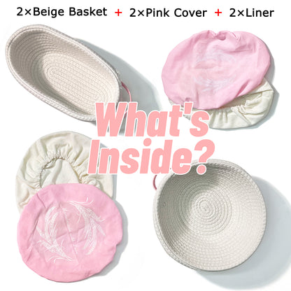 Cotton Rope Banneton Bread Proofing Basket Set, Oval & Round Baskets with Cloth Liners & Pink Covers - Artisan Sourdough Baking Supplies, Decorative Baking Tools for Kitchen & Gift Giving