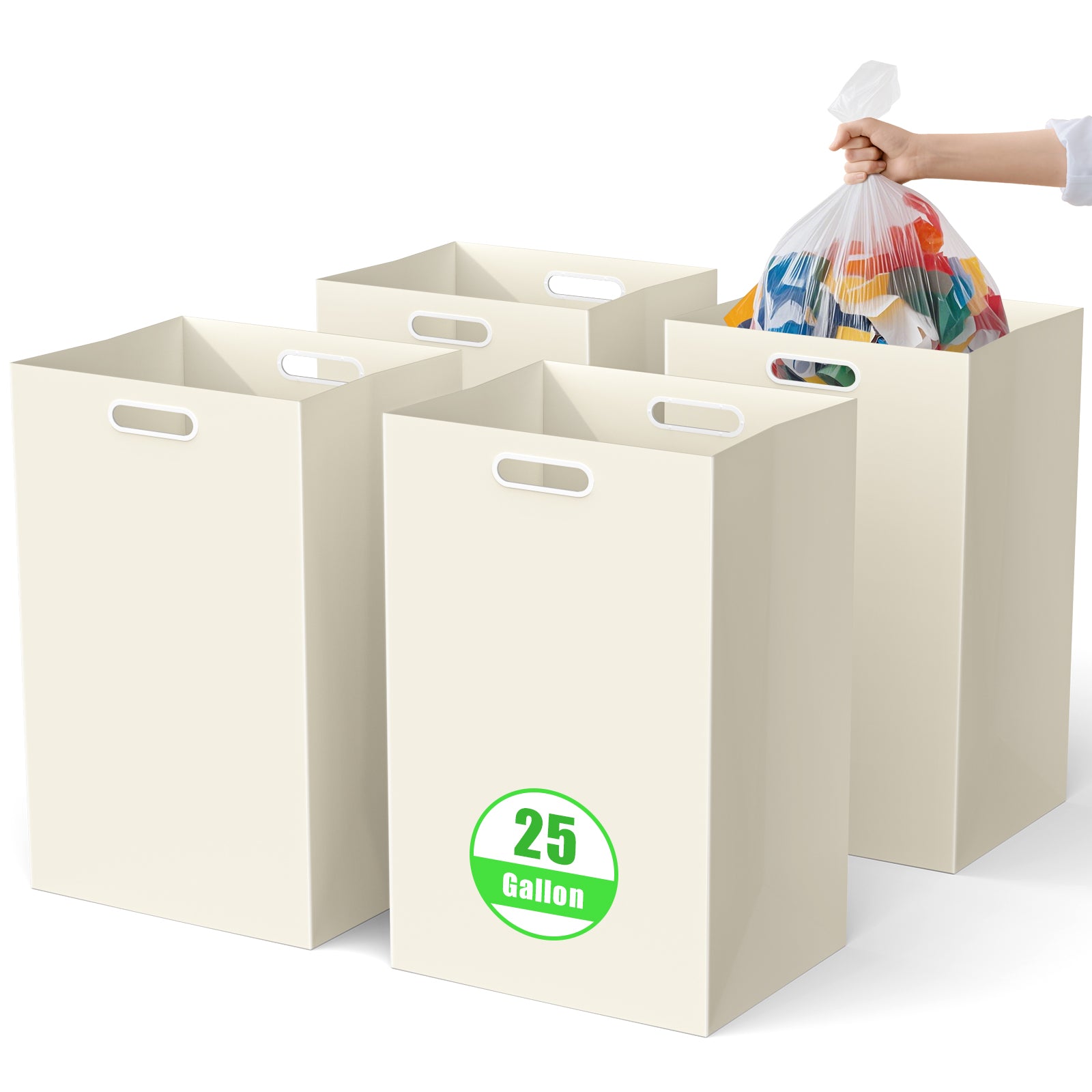 25 Gallon Disposable Trash Cans with Built-in Handles, 4 Pack Extra Large Portable Trash Can, Waterproof Layer Reusable Garbage Can, Recycling Bins, Extra-Thick Recycled Cardboard, Perfect for Parties
